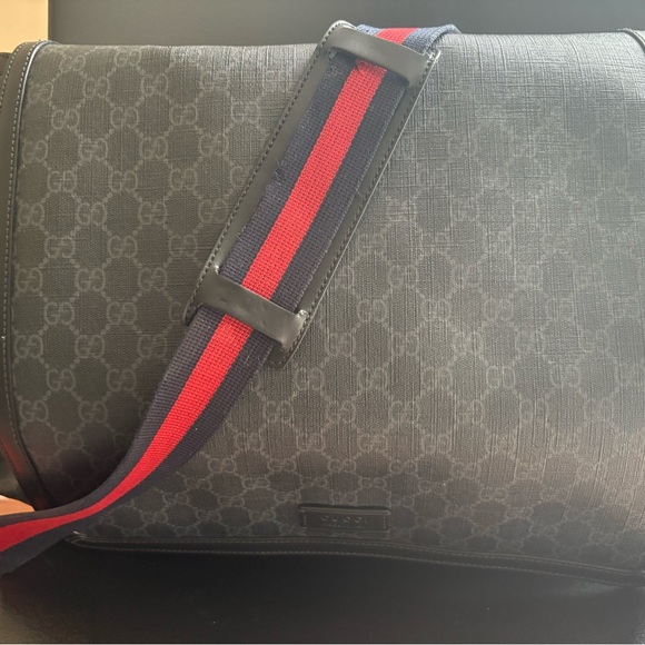GG Supreme Monogram Web Messenger Diaper Bag Black Grey